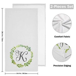 Oreayn Monogrammed Hand Towel for Bathroom Kitchen Beach Polyester Cotton Set of 2 Green Leaves Frame Wreath Fingertip Towel Soft Absorbent 28.3 x 14.4 Inch, Monogram Letter K