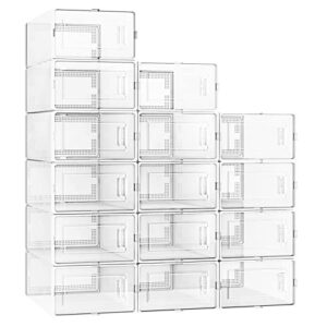 fixwal 15 pack large capacity shoe organizer storage boxes foldable shoe storage containers clear plastic stackable shoe storage bins for closet, space saving