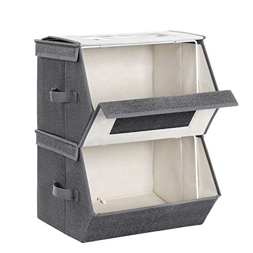 SONGMICS Stackable Storage Bins Set of 2, Fabric Storage Boxes with Lids, Storage Cubes with Magnetic Closures, Front Windows, Lids Can Stay Open after Stacking, Dark Gray URPLB02G