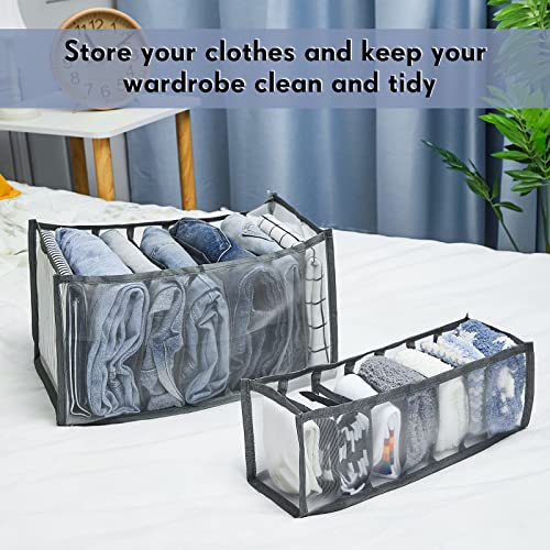 6 Pcs Drawer Organizers for Clothing Wardrobe Clothes Organizer Portable Clothing Storage Organizer Visible Grid Clothing Compartment Storage Box for Clothes, Jeans, Skirts, Trousers (7 Grids, Gray)