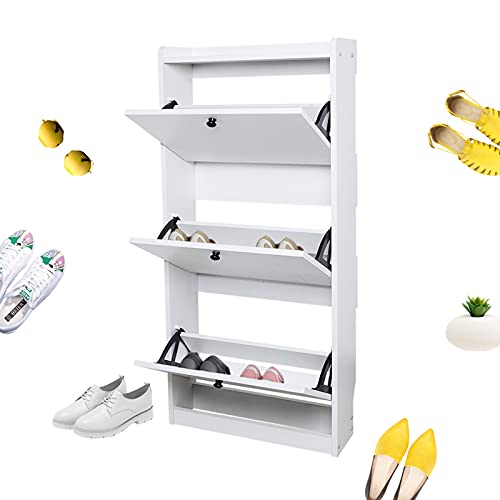 TBVECHI Narrow Shoe Cabinet, 3 Flip Drawers Freestanding Shoe Storage Cabinet Organizer, Corner Shoe Storage for Narrow Entryway Hallway Closet White Wood, Shoe Rack Storage