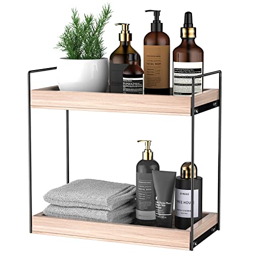 2 Tier Bathroom Countertop Organizer, Wood Counter Standing Rack Cosmetic Holder, Countertop Storage Shelf Cosmetic Organizer Holder, Vanity Organizer Kitchen Spice Rack Basket Storage Counter Shelf