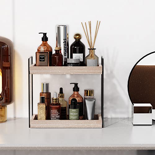 2 Tier Bathroom Countertop Organizer, Wood Counter Standing Rack Cosmetic Holder, Countertop Storage Shelf Cosmetic Organizer Holder, Vanity Organizer Kitchen Spice Rack Basket Storage Counter Shelf