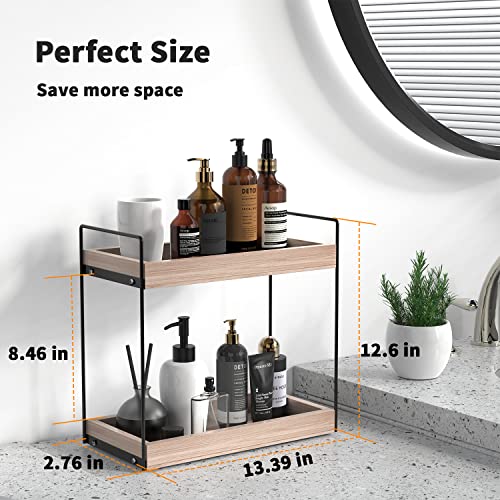 2 Tier Bathroom Countertop Organizer, Wood Counter Standing Rack Cosmetic Holder, Countertop Storage Shelf Cosmetic Organizer Holder, Vanity Organizer Kitchen Spice Rack Basket Storage Counter Shelf