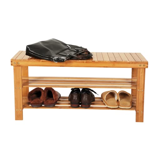 36" 3 Tiers 90cm Solid Bamboo Shoe Rack Bench, Sturdy Shoe Organizer, Storage Shoe Shelf, Holds up to 300lbs for Entryway Bedroom Living Room Balcony