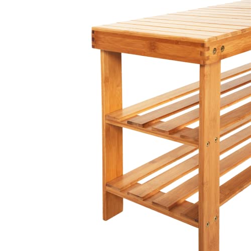 36" 3 Tiers 90cm Solid Bamboo Shoe Rack Bench, Sturdy Shoe Organizer, Storage Shoe Shelf, Holds up to 300lbs for Entryway Bedroom Living Room Balcony