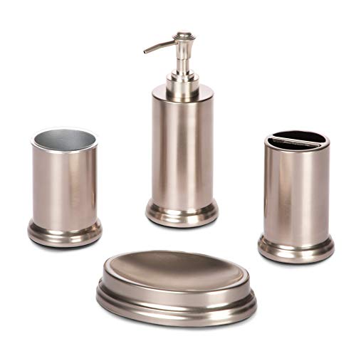 Home Zone Living Bath Accessory Set | Toothbrush Holder, Hand Soap Dispenser, Soap Tray and Tumbler (Silver)