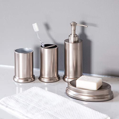 Home Zone Living Bath Accessory Set | Toothbrush Holder, Hand Soap Dispenser, Soap Tray and Tumbler (Silver)