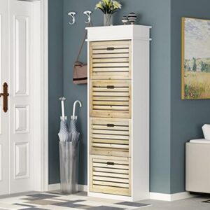 hitow shoe storage cabinet, narrow shoe cabinet with 4 drawers & adjustable shelf, tall entryway freestanding shoe rack with shutter doors, natrual (21.7" w x 9.8" d x 64" h)