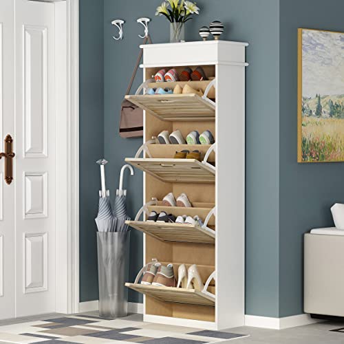 Hitow Shoe Storage Cabinet, Narrow Shoe Cabinet with 4 Drawers & Adjustable Shelf, Tall Entryway Freestanding Shoe Rack with Shutter Doors, Natrual (21.7" W x 9.8" D x 64" H)