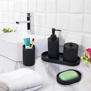 Bathroom Accessory Set,5 PCS Black Bathroom Accessories Set Complete with Lotion Soap Dispenser,Toothbrush Holder,Qtip Holder,Vanity Tray and Soap Dish,Bathroom Decor Countertop Organizer,Matte Black