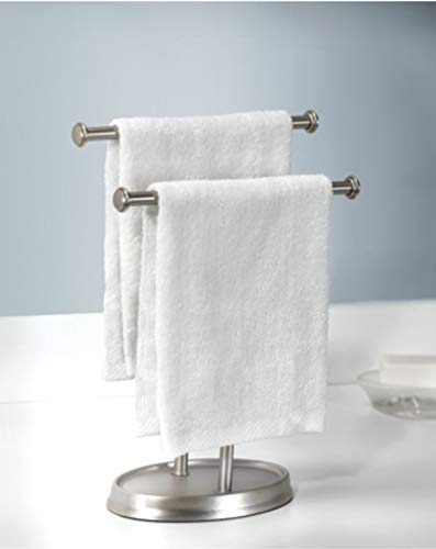 Umbra Palm Double Hand Towel Tree, Brushed Nickel 2 Towels Holder and Accessories Stand for Bathroom Vanities - Slim, Modern, Durable Bars With Base Serves as a Jewelry Tray for Rings