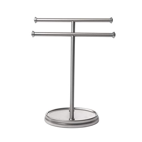 Umbra Palm Double Hand Towel Tree, Brushed Nickel 2 Towels Holder and Accessories Stand for Bathroom Vanities - Slim, Modern, Durable Bars With Base Serves as a Jewelry Tray for Rings