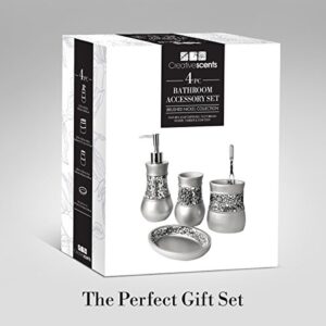 Creative Scents Gray Bathroom Accessories Set - 4 Piece Bathroom Decor Set for Home, Bath Restroom Set Features Soap Dispenser, Toothbrush Holder, Tumbler, Soap Dish - Bling Silver Mosaic Glass