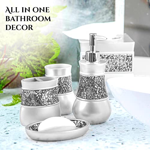 Creative Scents Gray Bathroom Accessories Set - 4 Piece Bathroom Decor Set for Home, Bath Restroom Set Features Soap Dispenser, Toothbrush Holder, Tumbler, Soap Dish - Bling Silver Mosaic Glass