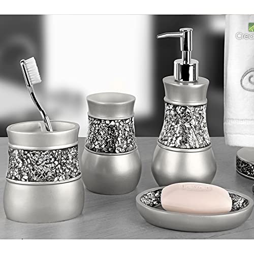 Creative Scents Gray Bathroom Accessories Set - 4 Piece Bathroom Decor Set for Home, Bath Restroom Set Features Soap Dispenser, Toothbrush Holder, Tumbler, Soap Dish - Bling Silver Mosaic Glass