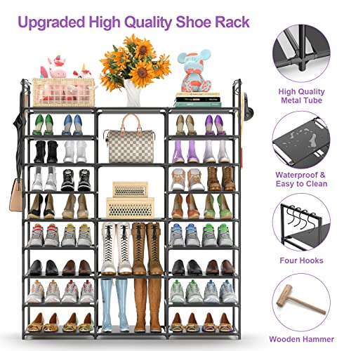 Finew 9 Tiers Shoe Rack Shoe Organizer, Shoe Rack for Entryway, Large Shoe Storage for 50-55 Pairs Shoes and Boots, Non-Woven Fabric Shoe Shelf with Versatile Hooks and Wooden Hammer for Bedroom