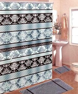 qutain linen beckham brown & blue 15-piece bathroom set: 2-rugs/mats, 1-shower curtain, 12-chrome hooks