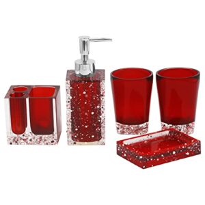luant 5-piece resin bathroom accessory set with soap dish, dispenser, toothbrush holder and tumbler, red