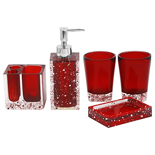 LUANT 5-Piece Resin Bathroom Accessory Set with Soap Dish, Dispenser, Toothbrush Holder and Tumbler, Red