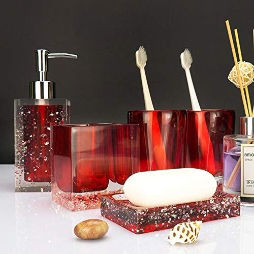 LUANT 5-Piece Resin Bathroom Accessory Set with Soap Dish, Dispenser, Toothbrush Holder and Tumbler, Red