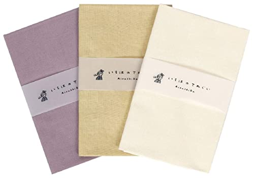 KOMESICHI irodori Japanese Traditional Towel Tenugui Color Plain Pattern D (Gray Purple, Dark Beige, Ecru Color) with Fray Prevention Processing Set of 3 with Tenugui Iroha (English Manual)