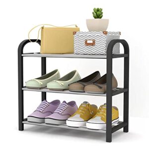 small shoe rack，3-tier shoes shelf storage multifunctional lightweight organizer sturdy metal stackable stand footwear for closet living room bedroom bathroom(3 tier black shoe rack)