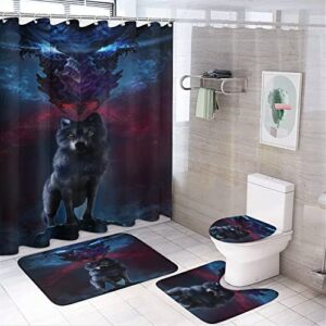 kazynee cool dragon wolf 4 piece shower curtain sets, non-slip rugs, toilet lid cover and bath mat, durable and waterproof, for bathroom decor set one size