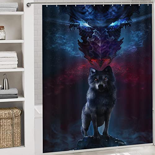 Kazynee Cool Dragon Wolf 4 Piece Shower Curtain Sets, Non-Slip Rugs, Toilet Lid Cover and Bath Mat, Durable and Waterproof, for Bathroom Decor Set One Size