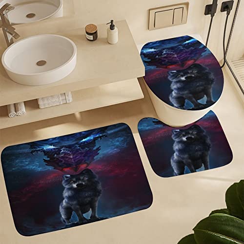 Kazynee Cool Dragon Wolf 4 Piece Shower Curtain Sets, Non-Slip Rugs, Toilet Lid Cover and Bath Mat, Durable and Waterproof, for Bathroom Decor Set One Size