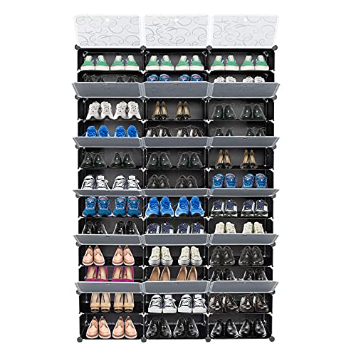 DOLFISH Portable Shoe Rack Organizer with Door, 12-Tier Portable 72 Pair Shoe Rack Organizer 36 Grids Tower Shelf Storage Cabinet, Stackable Detachable Free Standing Shoe Rack DIY Expandable