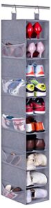 misslo 10-shelf hanging shoe organizer for closet organizers and storage shelves hat rack for closet with 10 side mesh pockets for shoes, caps, scarves, folded clothes and toys, grey