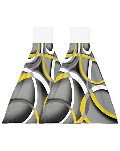 LBDOMOV Yellow Geometry Kitchen Hand Towel, Soft Hanging Dish Towels with Loop for Bathroom, Abstract Modern Grey Art Decor Absorbent Drying Cleaning Cloth Dishclothes Decorative Sets, 2-PC