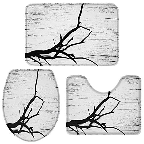 Apular Fashion 3 Piece Bath Rugs Set Tree Branch Black White Vintage Wood Grain Non Slip Ultra Soft Bathroom Accessories Mats, U Shape Mat and Toilet Lid Cover Mat Bath Mats