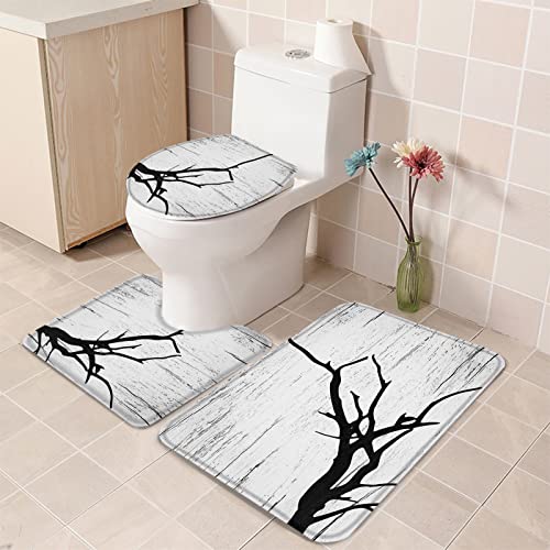 Apular Fashion 3 Piece Bath Rugs Set Tree Branch Black White Vintage Wood Grain Non Slip Ultra Soft Bathroom Accessories Mats, U Shape Mat and Toilet Lid Cover Mat Bath Mats