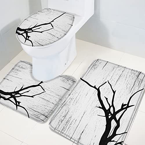 Apular Fashion 3 Piece Bath Rugs Set Tree Branch Black White Vintage Wood Grain Non Slip Ultra Soft Bathroom Accessories Mats, U Shape Mat and Toilet Lid Cover Mat Bath Mats