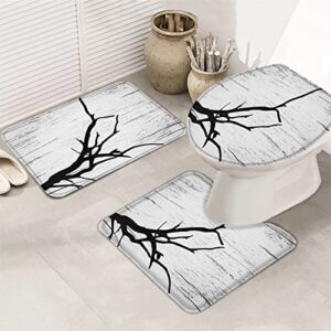 Apular Fashion 3 Piece Bath Rugs Set Tree Branch Black White Vintage Wood Grain Non Slip Ultra Soft Bathroom Accessories Mats, U Shape Mat and Toilet Lid Cover Mat Bath Mats