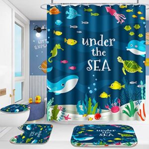 poedist 4 pcs bathroom shower curtain set,kids bathroom sets with rugs(bath mat,u shape and toilet lid cover mat) and 12 hooks,under the sea