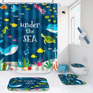 Poedist 4 Pcs Bathroom Shower Curtain Set,Kids Bathroom Sets with Rugs(Bath Mat,U Shape and Toilet Lid Cover Mat) and 12 Hooks,Under The Sea