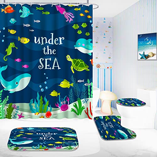 Poedist 4 Pcs Bathroom Shower Curtain Set,Kids Bathroom Sets with Rugs(Bath Mat,U Shape and Toilet Lid Cover Mat) and 12 Hooks,Under The Sea
