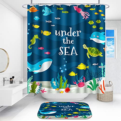 Poedist 4 Pcs Bathroom Shower Curtain Set,Kids Bathroom Sets with Rugs(Bath Mat,U Shape and Toilet Lid Cover Mat) and 12 Hooks,Under The Sea
