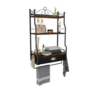 jautokerdar wall mounted bathroom shelves with drawer, 3 tier hanging storage rack with foldable towel bar, towel holder floating organizer shelves with hook