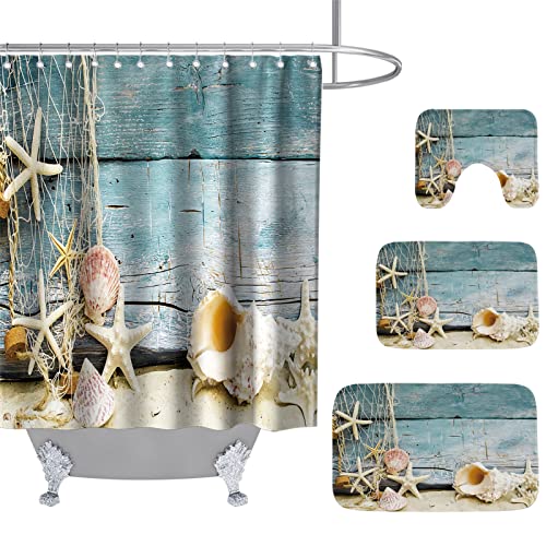 Seashell Nautical Fishing Nets Conch Starfish Beach Ocean Bathroom Shower Curtain 72" x 72" and Rugs 20" x 31" Accessory Decor with Bath Mat, U-Shaped Contour, Toilet Lid Cover and Hooks Set of 4 PCS