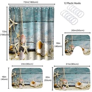 Seashell Nautical Fishing Nets Conch Starfish Beach Ocean Bathroom Shower Curtain 72" x 72" and Rugs 20" x 31" Accessory Decor with Bath Mat, U-Shaped Contour, Toilet Lid Cover and Hooks Set of 4 PCS