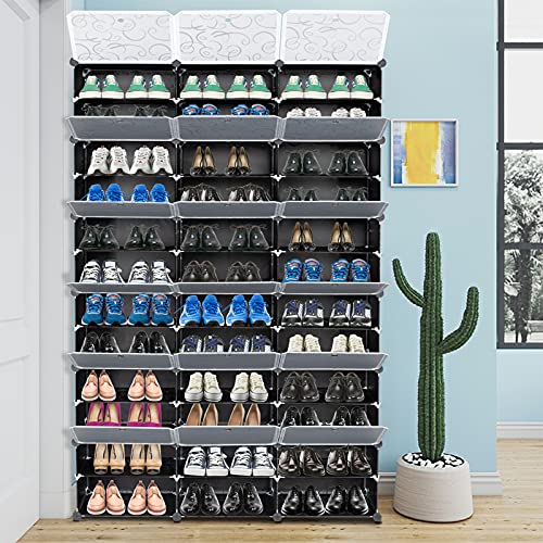 MengK 12-Tier Portable 72 Pair Shoe Rack Organizer 36 Grids Tower Shelf Storage Cabinet Stand Expandable for Heels, Boots, Slippers, Black