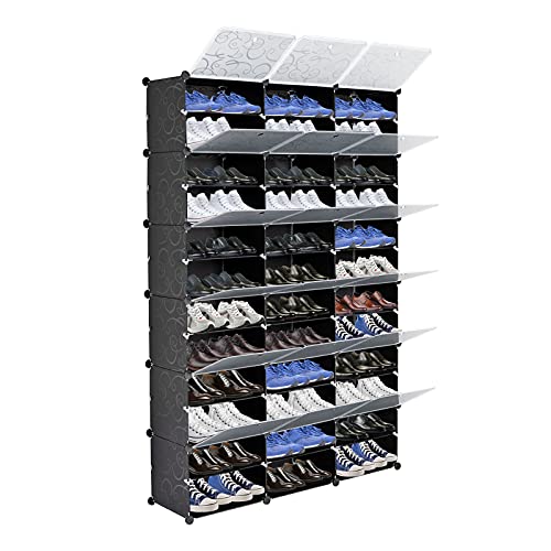 MengK 12-Tier Portable 72 Pair Shoe Rack Organizer 36 Grids Tower Shelf Storage Cabinet Stand Expandable for Heels, Boots, Slippers, Black