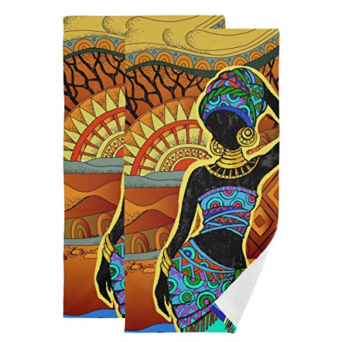 DOMIKING Decorative Hand Towels for Bathroom - African Woman Landscape Cotton Guest Towel Set of 2 Absorbent Face Cloth for Gym Home Bathroom Sports