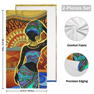 DOMIKING Decorative Hand Towels for Bathroom - African Woman Landscape Cotton Guest Towel Set of 2 Absorbent Face Cloth for Gym Home Bathroom Sports