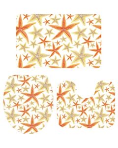 ocean starfish bathroom rugs mat sets 3 piece, bath shower rugs with u-shaped contour toilet mat, orange yellow summer beach coastal nautical small absorbent bathtub runner rugs floor mats