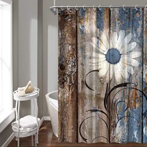 FVPSORBAT 4PCS Flower Botanical Shower Curtain Sets with Rugs Vintage Wood Panel Plank Rustic White Daisy Bathroom Decor Set